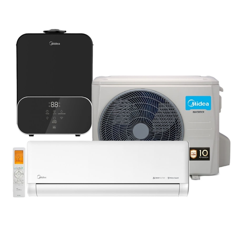 Kit Midea Umidificador Master Connect 6 Litros Preto UMD6P3 e Ar Condicionado Split Inverter AI Ecomaster 9000 BTU/h Frio 42EZVCA09M5 - 220 Volts